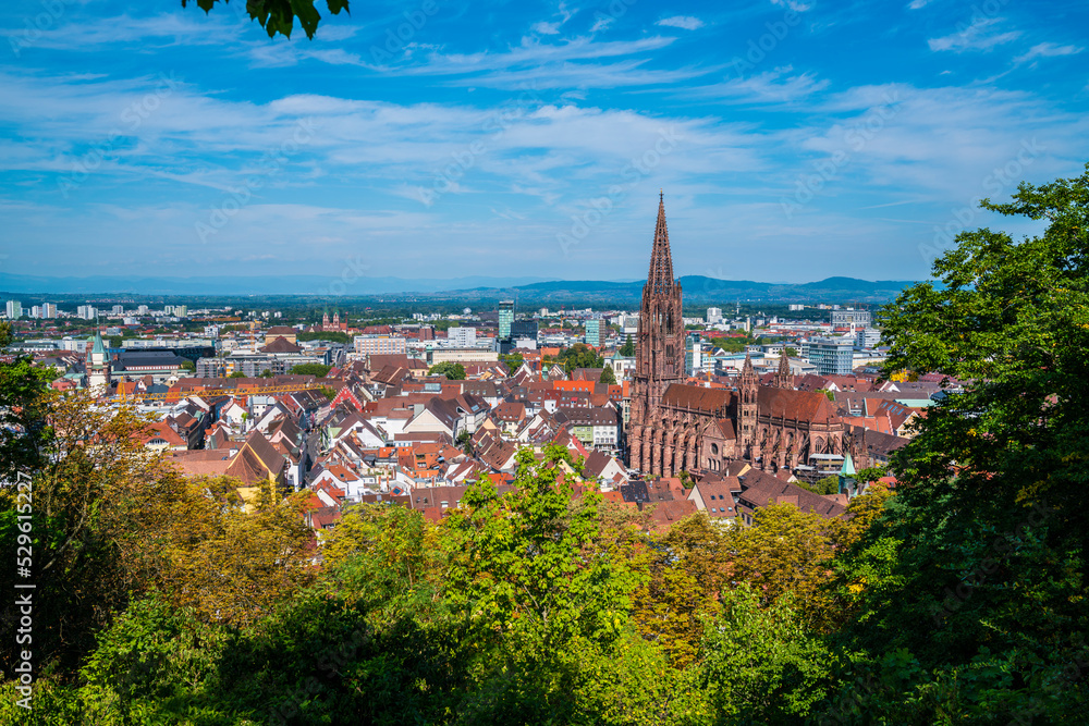 Germany, Freiburg im breisgau city skyline of historical old town and muenster church building from above panorama landscape view