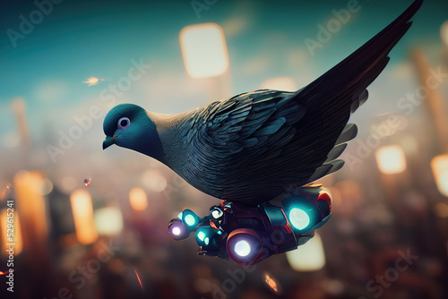 Tela flying futuristic pigeon cartoon style