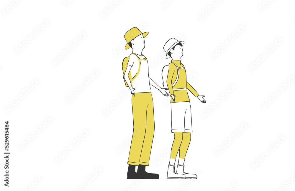 山登りで深呼吸する男女のシンプルなイラスト