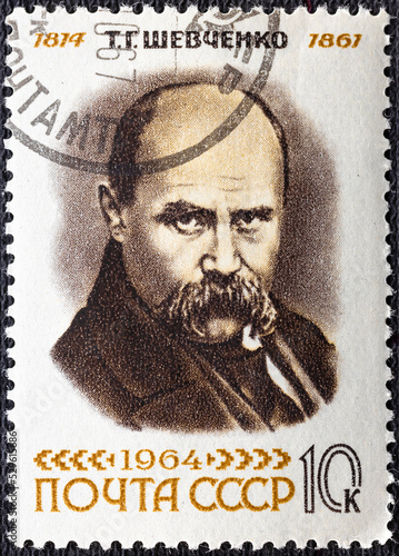 USSR - CIRCA 1964: A postage stamp printed in USSR show 150th Birth Anniversary of T.G.Shevchenko. Ukrainian poet and writer. Series: 150th Birth Anniversary of T. G. Shevchenko.