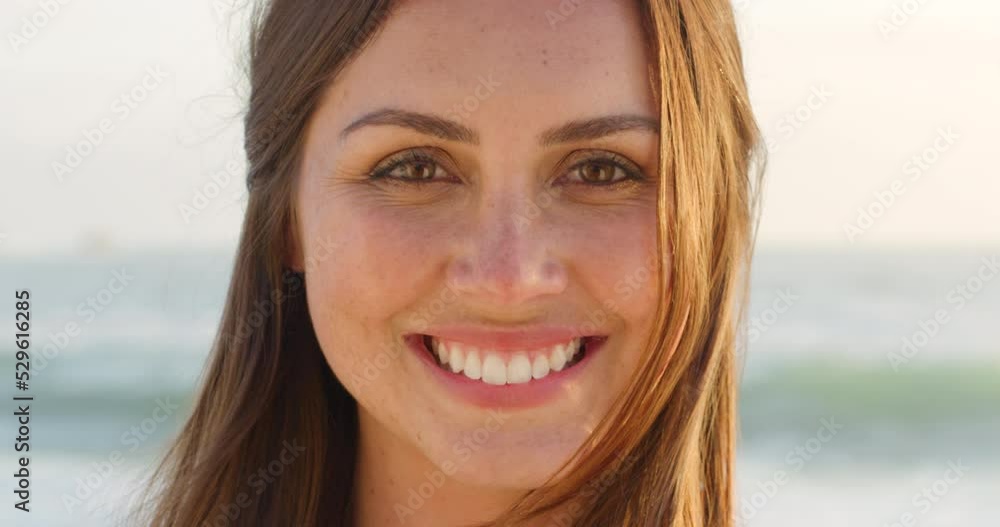 Beach, beauty and a woman on vacation with a smile, close up. A summer holiday with sun, sand and waves, happy girl laughing in the sunshine by the ocean. Sunscreen, sea breeze and freedom to travel. Beach, beauty and a woman on vacation with a smile, close up. A summer holiday with sun, sand and waves, happy girl laughing in the sunshine by the ocean. Sunscreen, sea breeze and freedom to travel.