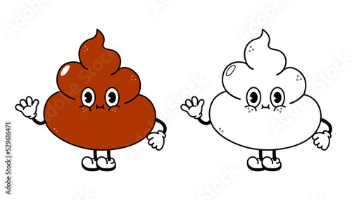 Cute funny poop waving hand character outline cartoon illustration for coloring book. Vector poop hand drawn traditional cartoon vintage, retro, character. Isolated white background