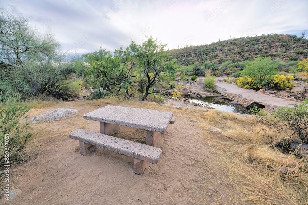Sabino Canyon state park in Arizona with hiking trail and picnic table