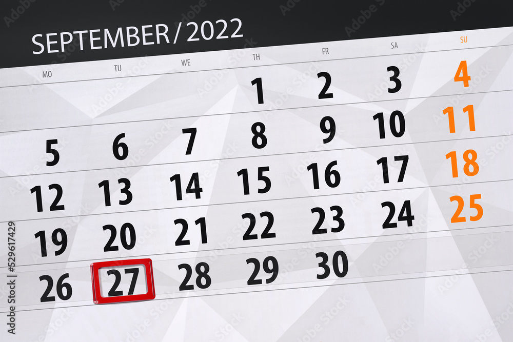 Obraz premium Calendar planner for the month september 2022, deadline day, 27, tuesday
