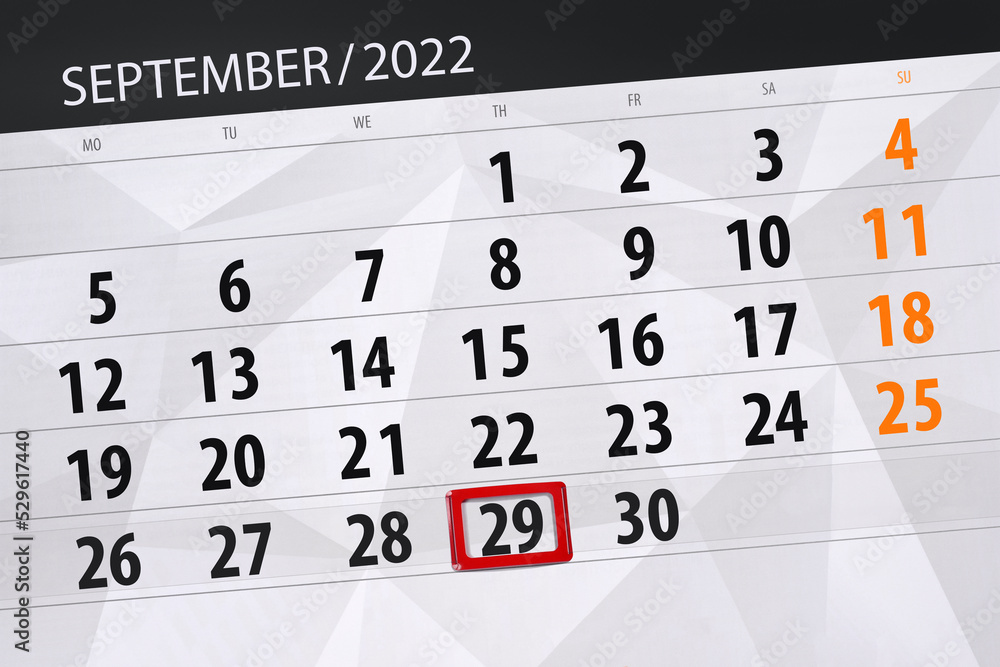Obraz premium Calendar planner for the month september 2022, deadline day, 29, thursday