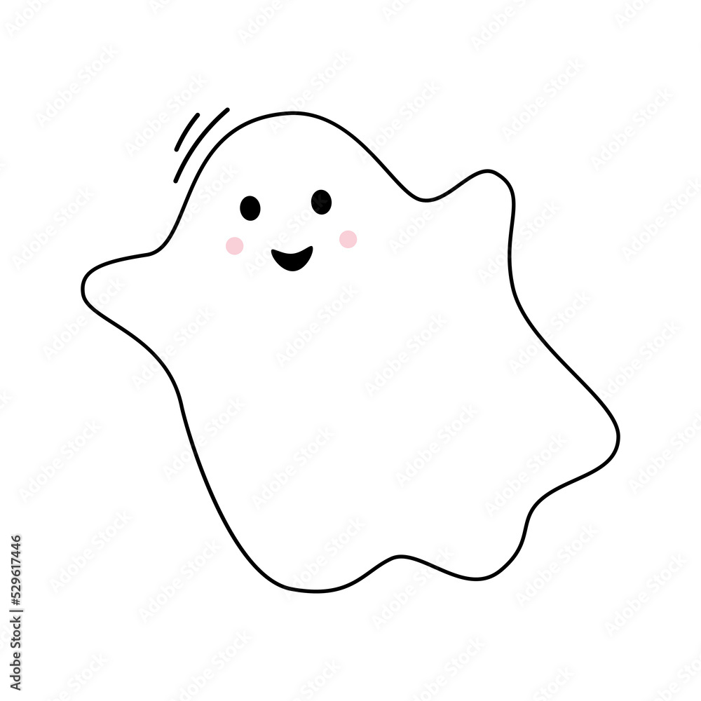 Vector with cute smiling ghost. Happy flying spirit in flat design. Outline phantom on white background. Doodle ghost. Halloween. Vector with cute smiling ghost. Happy flying spirit in flat design. Outline phantom on white background. Doodle ghost. Halloween.