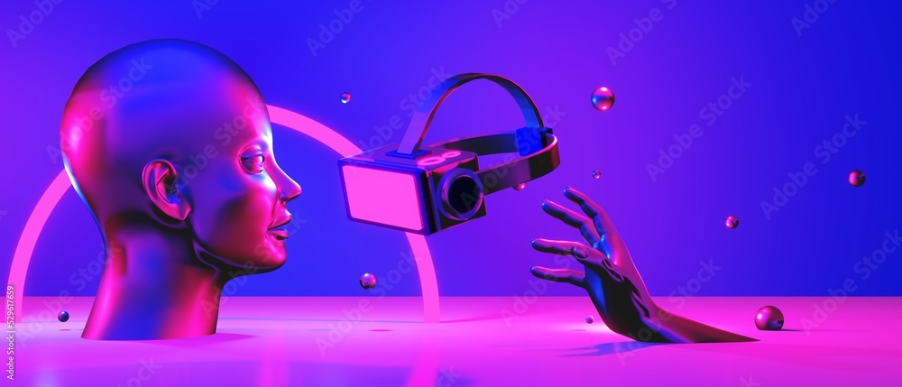hand backgound video game of esports champion cup, scifi gaming cyberpunk, vr virtual reality simulation and metaverse, scene stand pedestal stage, 3d illustration rendering, futuristic neon glow room
