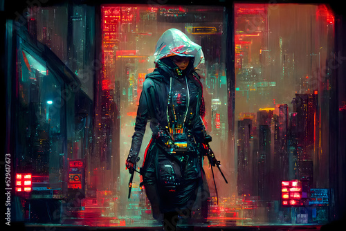 cyberpunk assasin figure in night cyberpunk style neon illuminated city environment, neural network generated art. Digitally generated image. Not based on any actual scene or pattern. photo