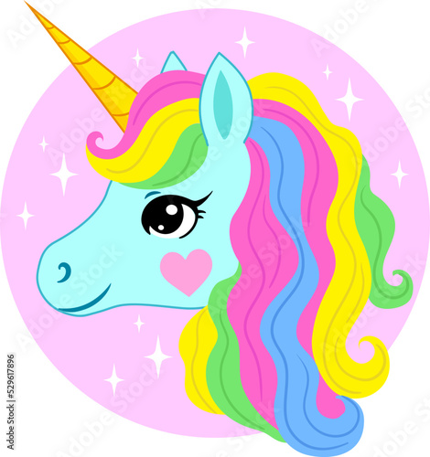 Cute unicorn head with colorful mane. Vector illustration