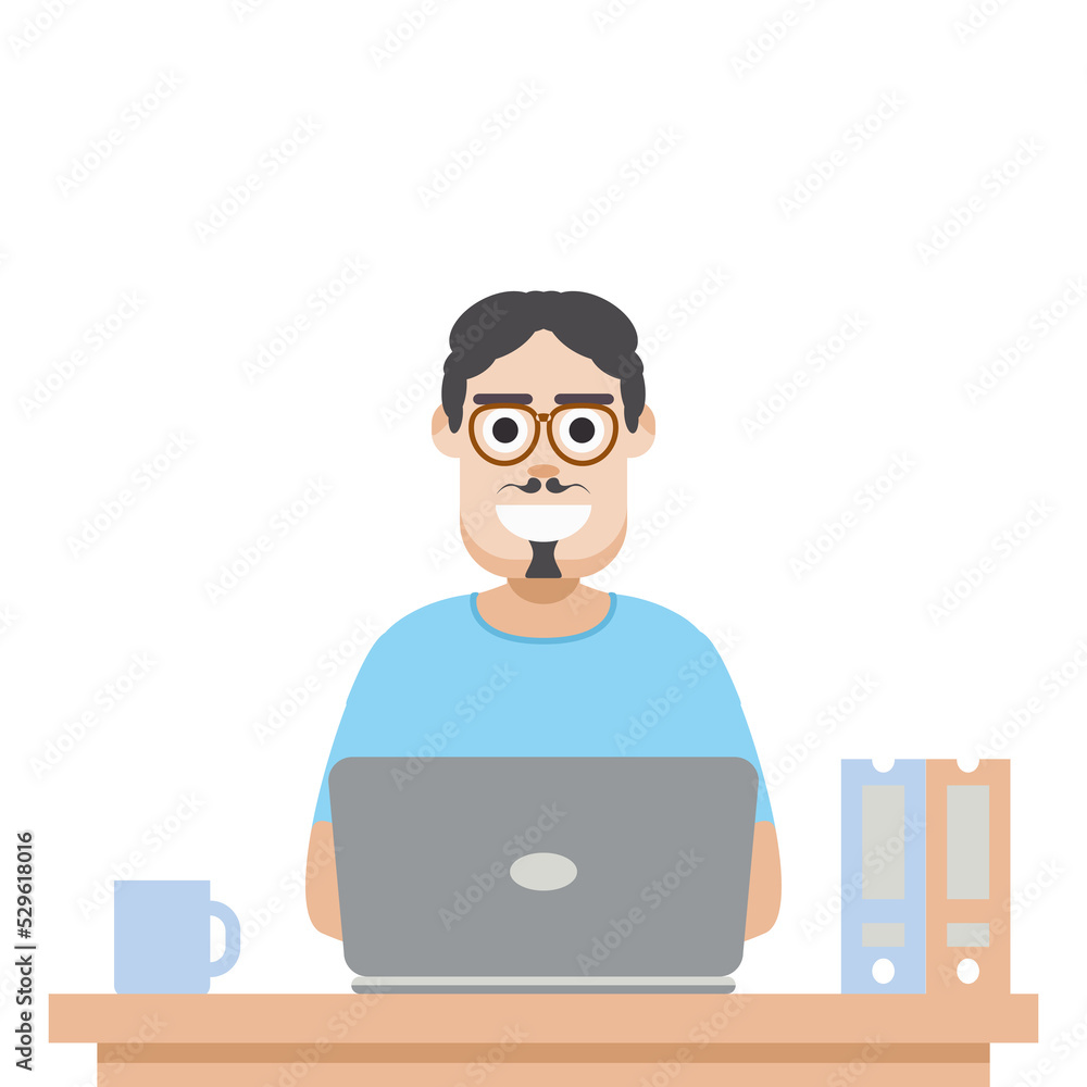 Man Using Laptop For Work From Home Wear T-Shirt Man Using Laptop For Work From Home Wear T-Shirt