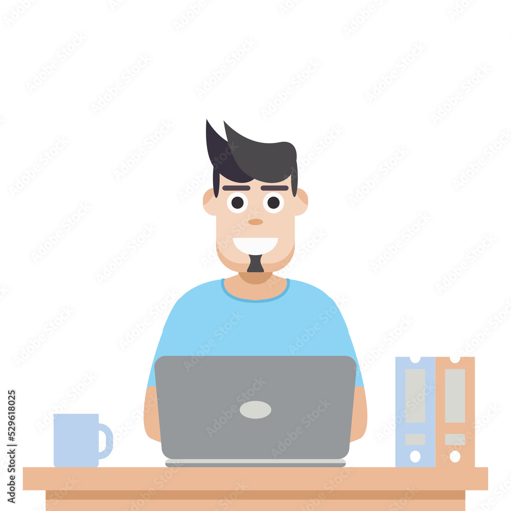 Man Using Laptop For Work From Home Wear T-Shirt Man Using Laptop For Work From Home Wear T-Shirt