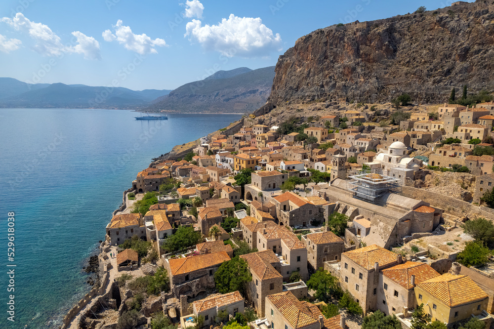 Aerial view of the medieval  castle of Monemvasia, Lakonia, Peloponnese, Greece