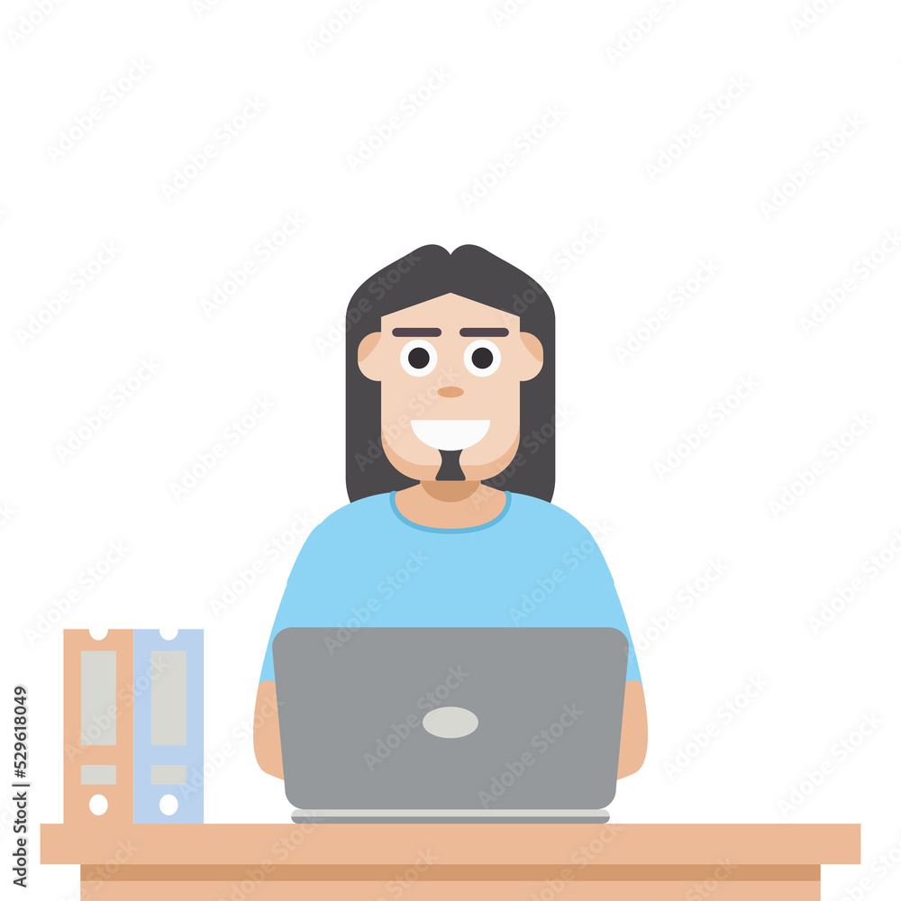 Man Using Laptop For Work From Home Wear T-Shirt Man Using Laptop For Work From Home Wear T-Shirt