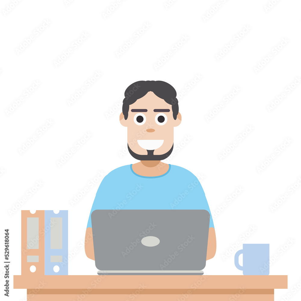 Man Using Laptop For Work From Home Wear T-Shirt Man Using Laptop For Work From Home Wear T-Shirt