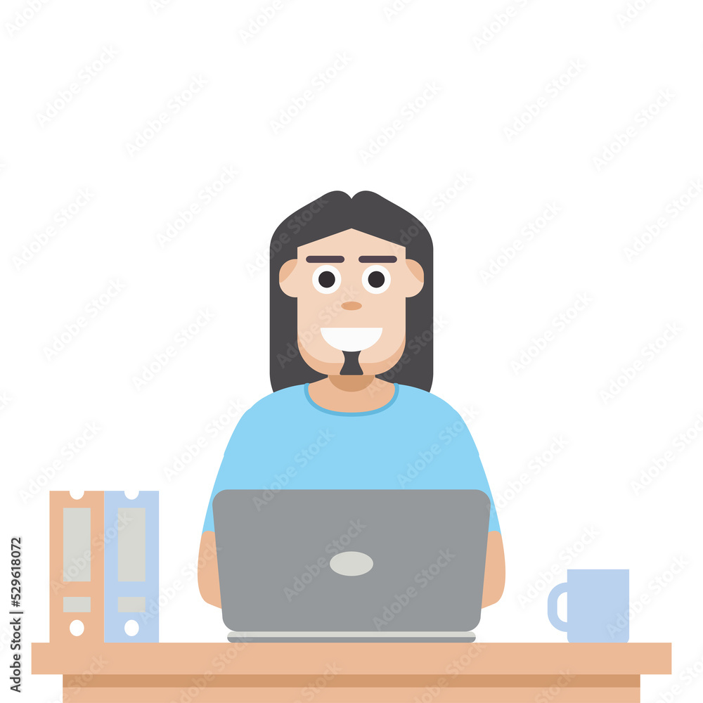 Man Using Laptop For Work From Home Wear T-Shirt Man Using Laptop For Work From Home Wear T-Shirt