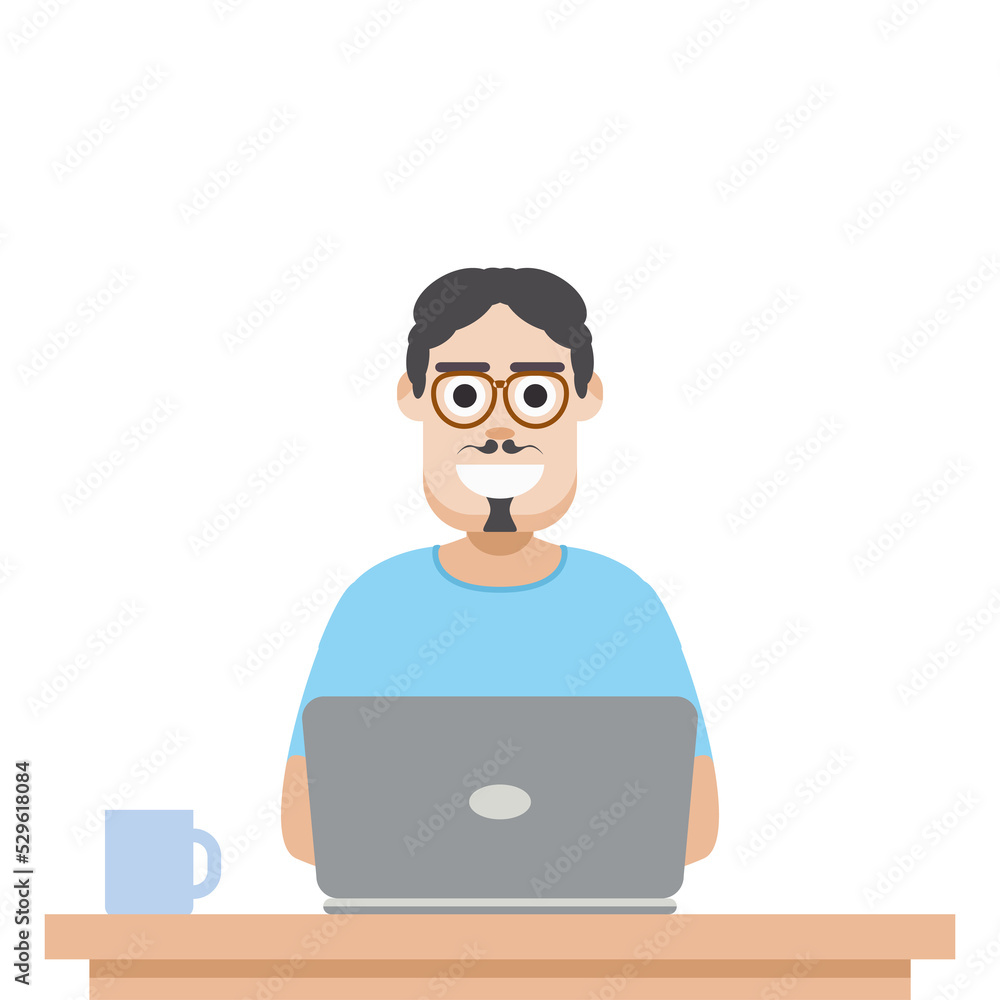 Man Using Laptop For Work From Home Wear T-Shirt Man Using Laptop For Work From Home Wear T-Shirt