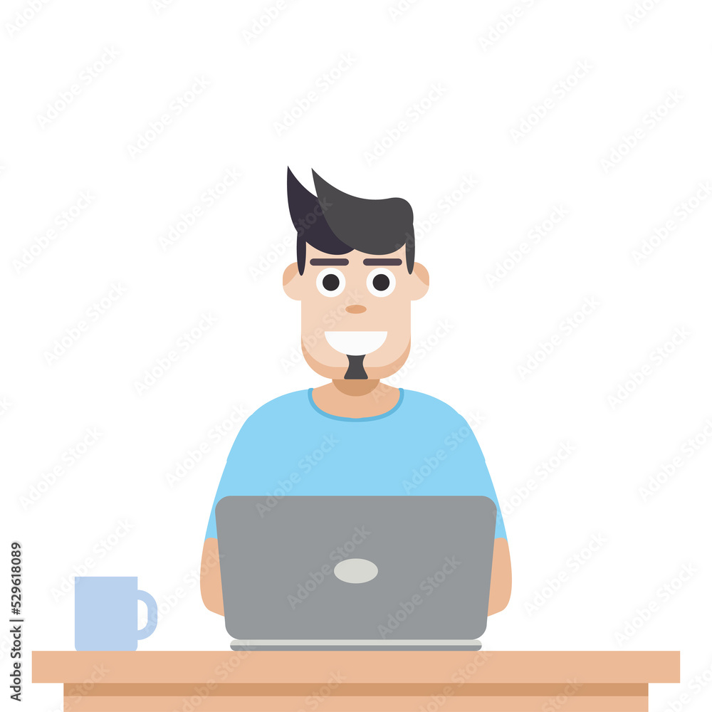 Man Using Laptop For Work From Home Wear T-Shirt Man Using Laptop For Work From Home Wear T-Shirt
