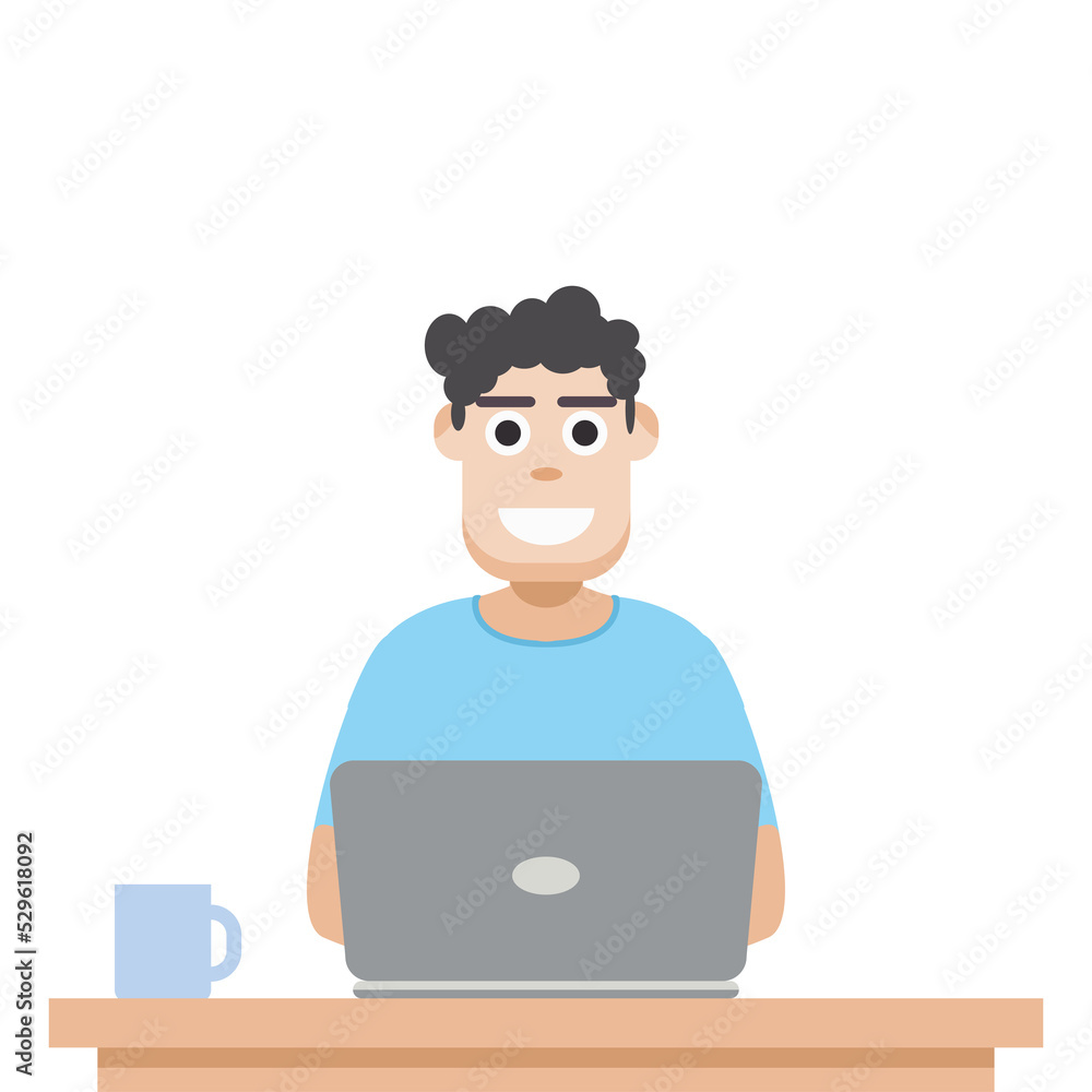 Man Using Laptop For Work From Home Wear T-Shirt Man Using Laptop For Work From Home Wear T-Shirt