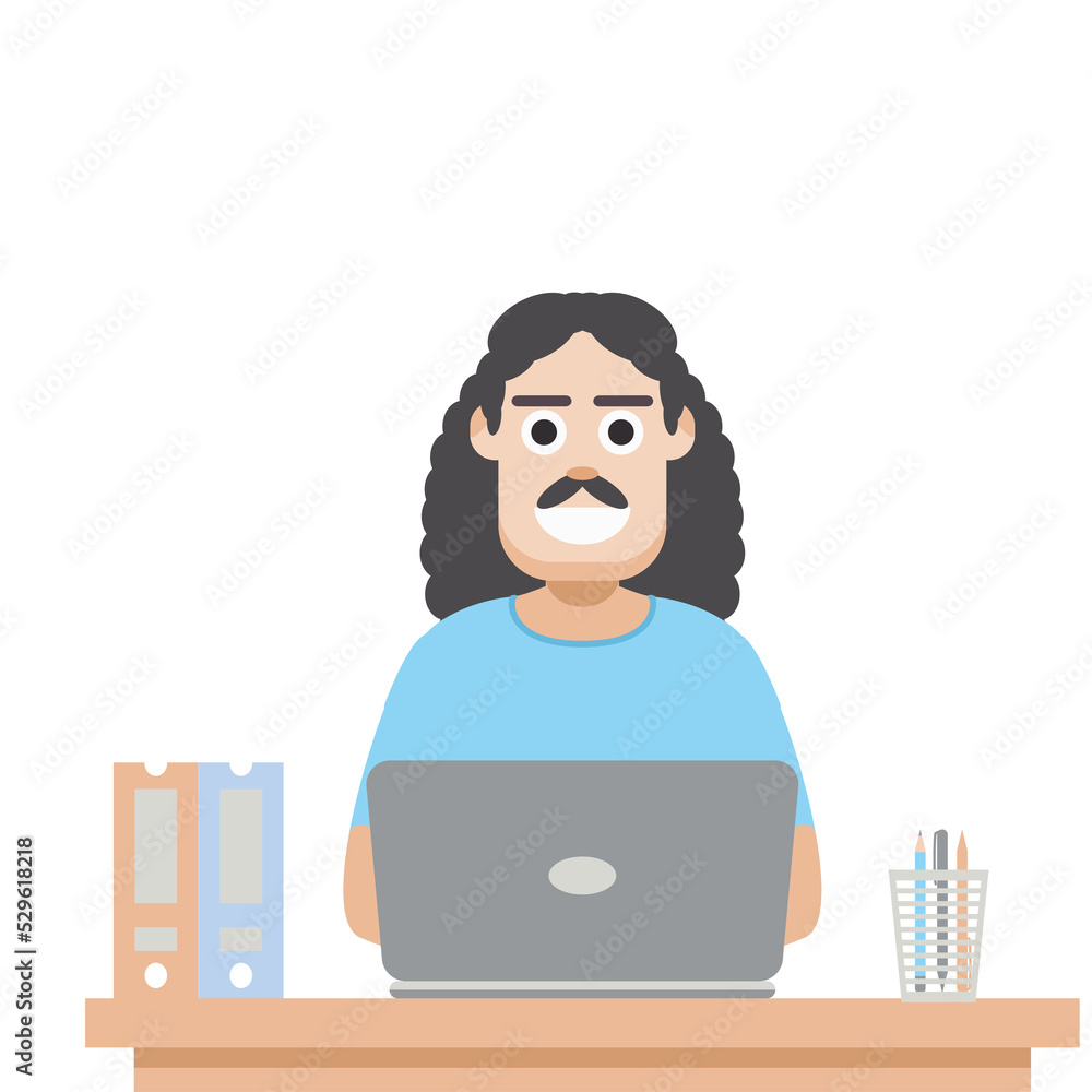 Man Using Laptop For Work From Home Wear T-Shirt Man Using Laptop For Work From Home Wear T-Shirt