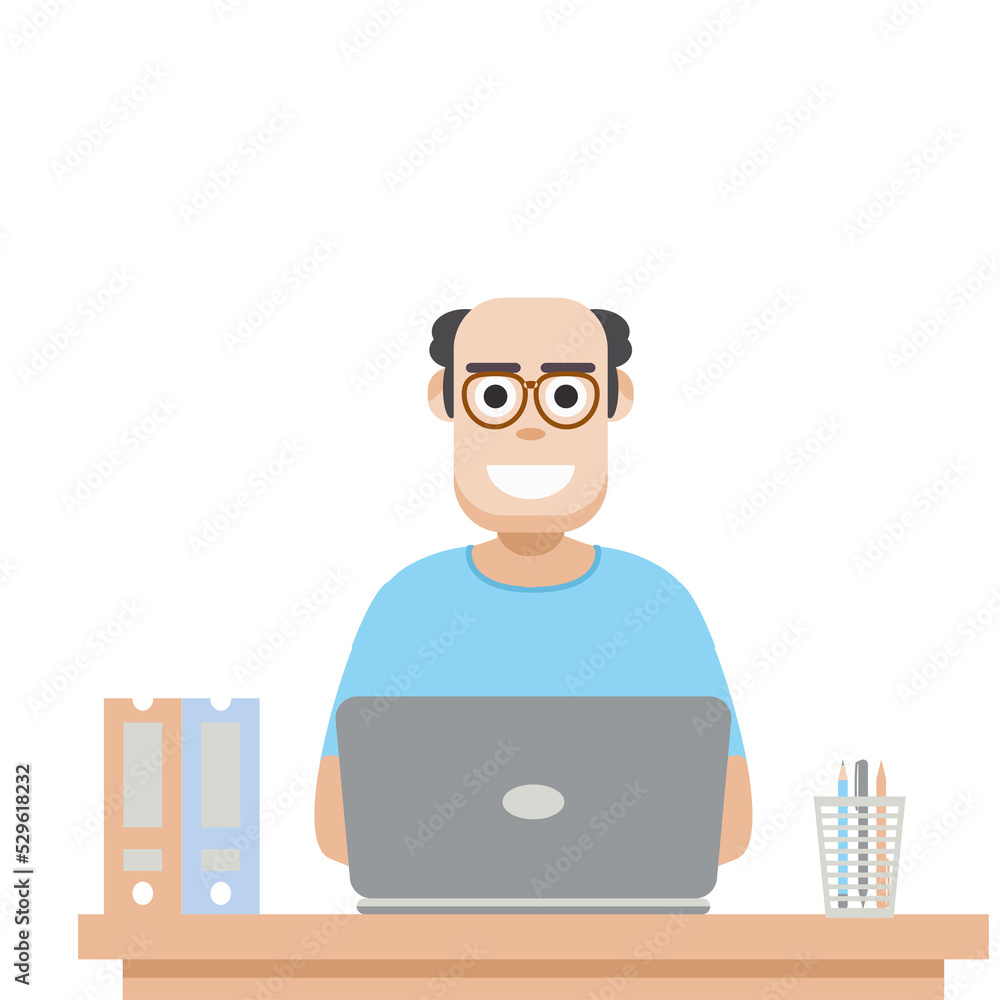 Man Using Laptop For Work From Home Wear T-Shirt Man Using Laptop For Work From Home Wear T-Shirt