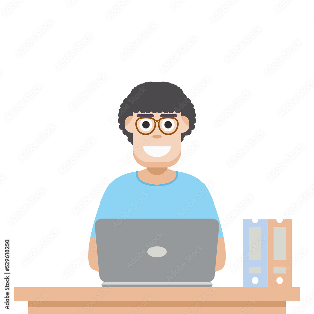 Man Using Laptop For Work From Home Wear T-Shirt Man Using Laptop For Work From Home Wear T-Shirt