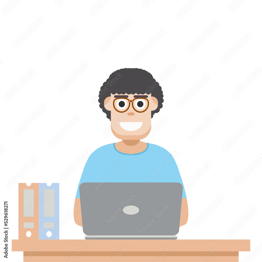 Man Using Laptop For Work From Home Wear T-Shirt Man Using Laptop For Work From Home Wear T-Shirt