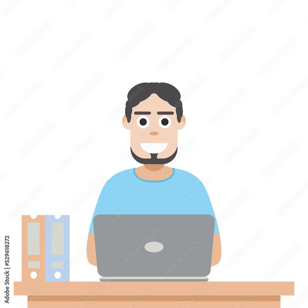 Man Using Laptop For Work From Home Wear T-Shirt Man Using Laptop For Work From Home Wear T-Shirt