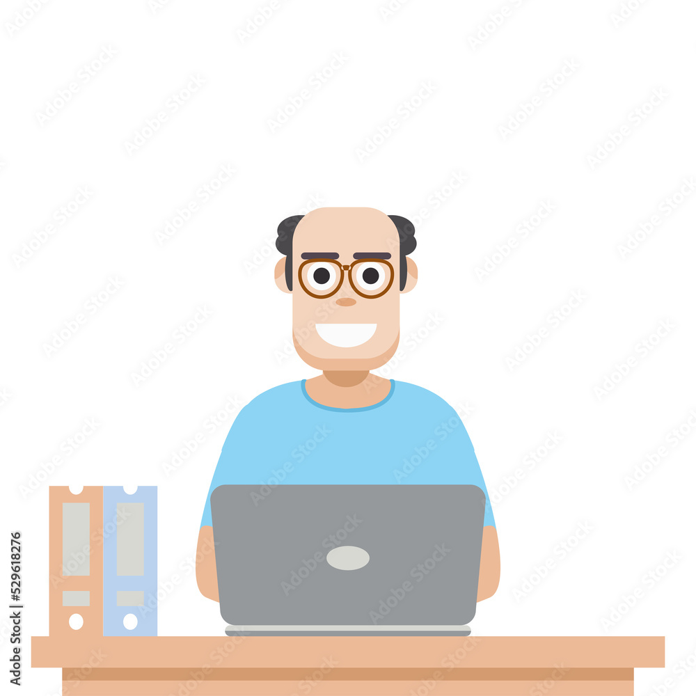 Man Using Laptop For Work From Home Wear T-Shirt Man Using Laptop For Work From Home Wear T-Shirt