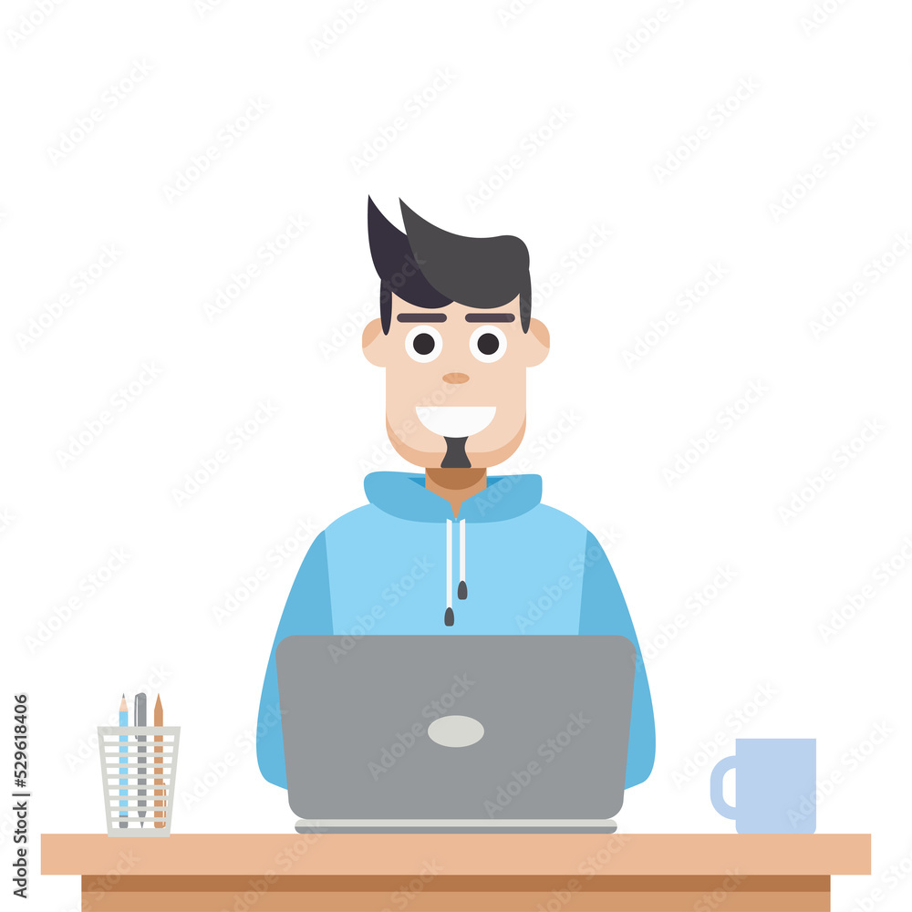 Man Using Laptop For Work From Home Wear Hoodie Man Using Laptop For Work From Home Wear Hoodie