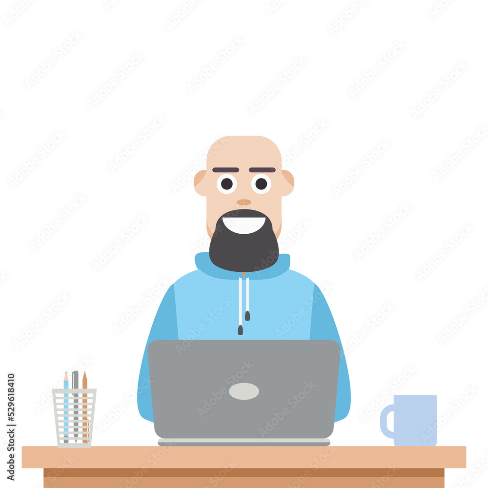 Man Using Laptop For Work From Home Wear Hoodie Man Using Laptop For Work From Home Wear Hoodie