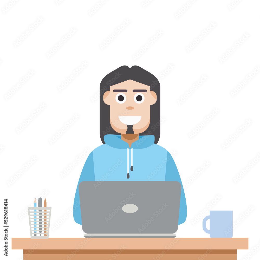 Man Using Laptop For Work From Home Wear Hoodie Man Using Laptop For Work From Home Wear Hoodie
