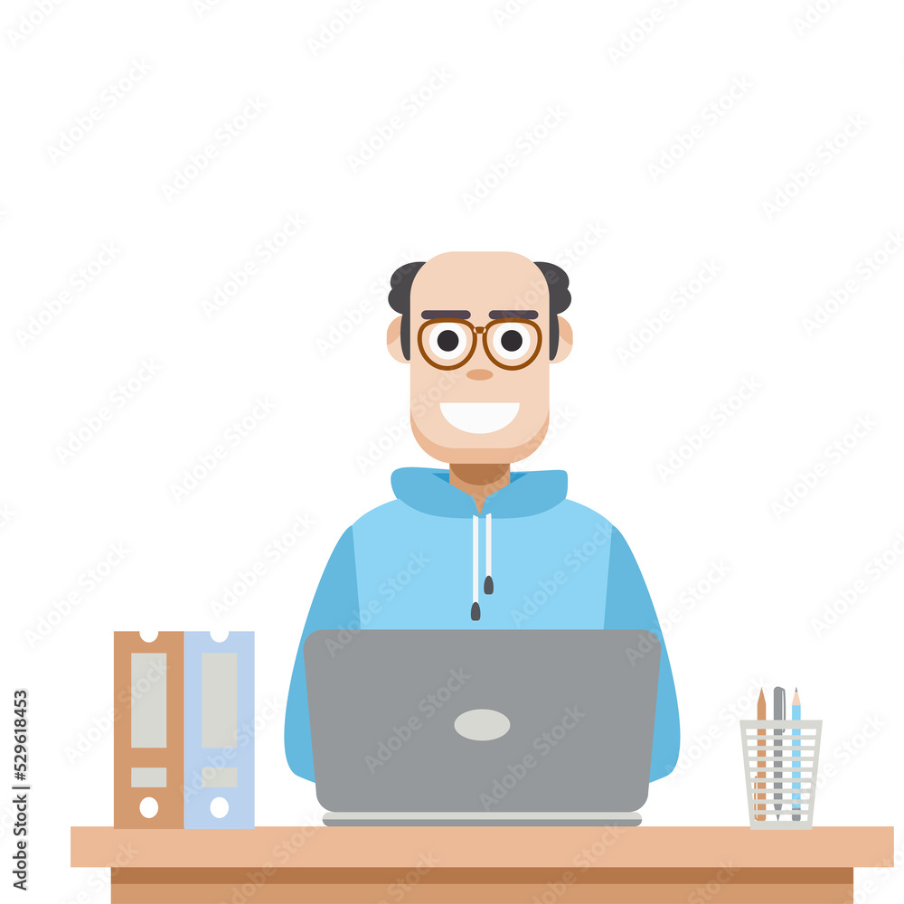 Man Using Laptop For Work From Home Wear Hoodie Man Using Laptop For Work From Home Wear Hoodie