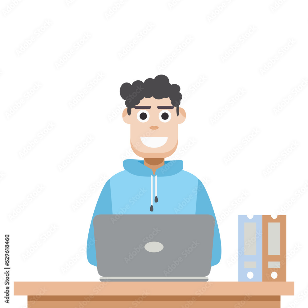 Man Using Laptop For Work From Home Wear Hoodie Man Using Laptop For Work From Home Wear Hoodie