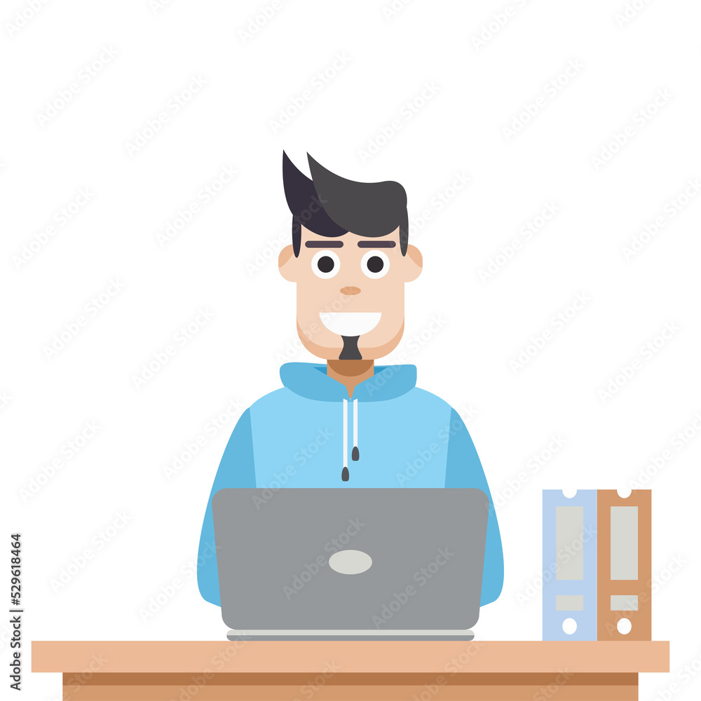 Man Using Laptop For Work From Home Wear Hoodie