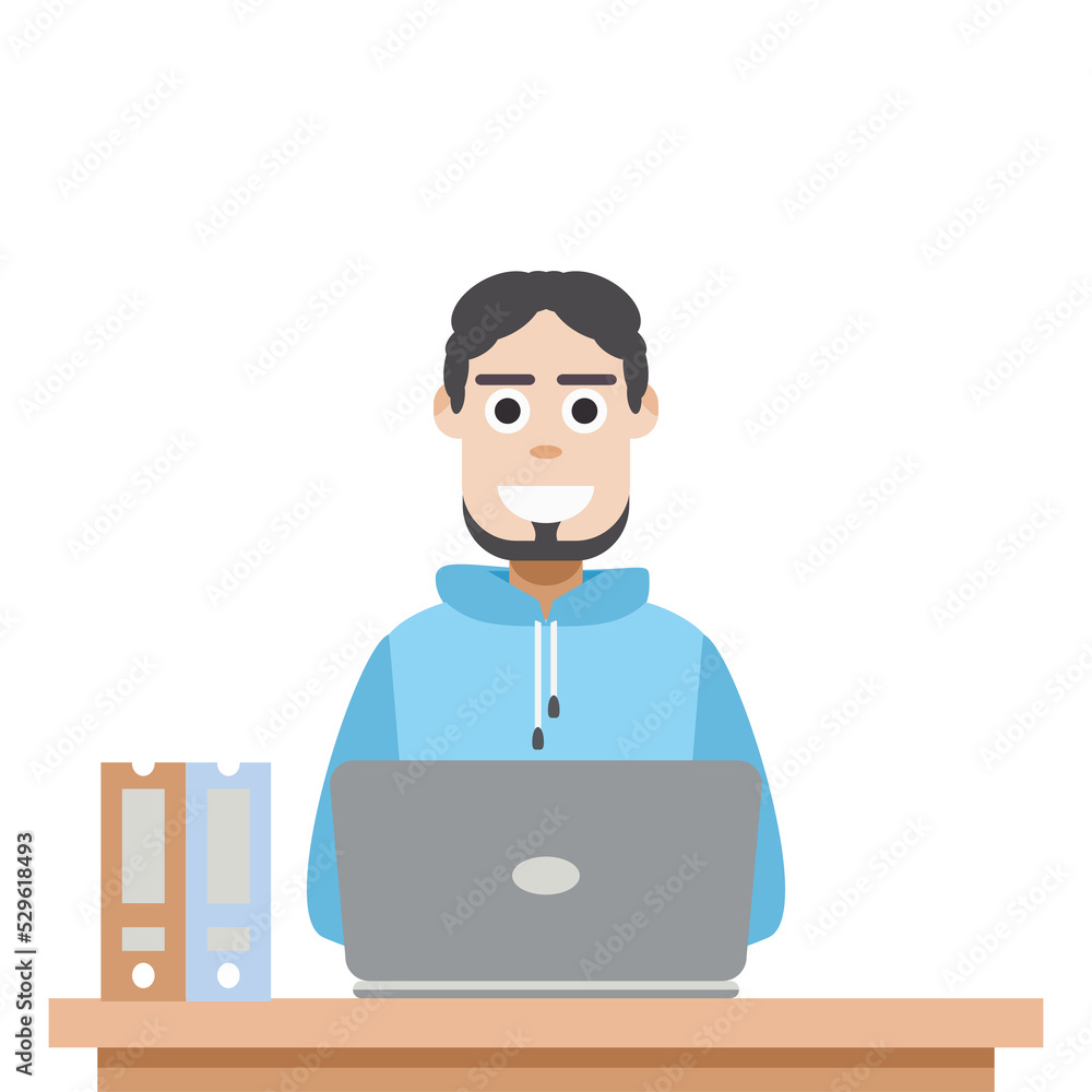 Man Using Laptop For Work From Home Wear Hoodie