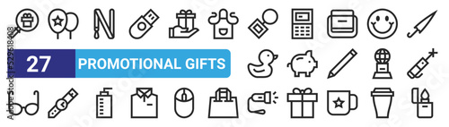 set of 27 outline web promotional gifts icons such as magnifying glass, balloons, key ring, calculator, piggy bank, wristwatch, flashlight, lighter vector thin icons for web design, mobile app.