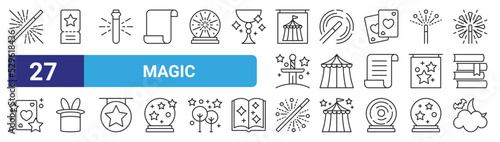 set of 27 outline web magic icons such as magic wand, tickets, potion, magic wand, tent, hat, wand, night vector thin icons for web design, mobile app.