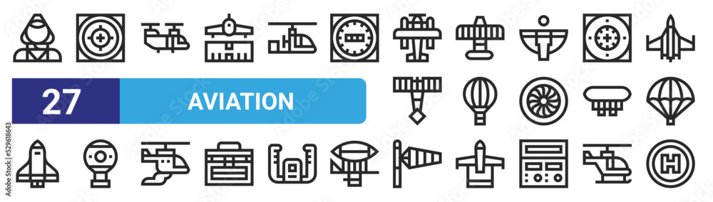 set of 27 outline web aviation icons such as flight attendant, radar, helicopter, wright flyer, hot air balloon, hot air balloon, windsock, heliport vector thin icons for web design, mobile app. set of 27 outline web aviation icons such as flight attendant, radar, helicopter, wright flyer, hot air balloon, hot air balloon, windsock, heliport vector thin icons for web design, mobile app.