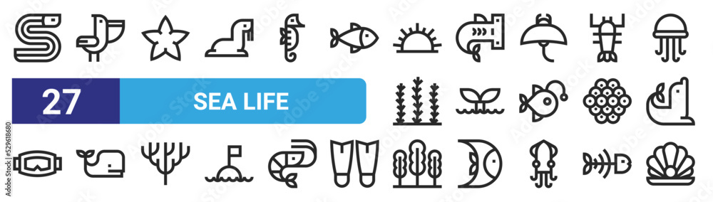 set of 27 outline web sea life icons such as eel, pelican, starfish, shark, whale, whale, seaweed, pearl vector thin icons for web design, mobile app. set of 27 outline web sea life icons such as eel, pelican, starfish, shark, whale, whale, seaweed, pearl vector thin icons for web design, mobile app.