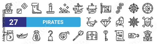 set of 27 outline web pirates icons such as pirate, dice, boots, flag, diamond, boat, chest, pirate vector thin icons for web design, mobile app. photo