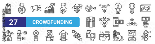 set of 27 outline web crowdfunding icons such as savings, worldwide, megaphone, idea, idea, smartwatch, crowdfunding, skateboard vector thin icons for web design, mobile app.