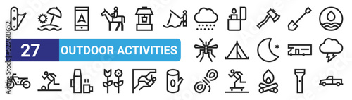 set of 27 outline web outdoor activities icons such as jackknife, sun umbrella, smartphone, lighter, tent, football, rope, x vector thin icons for web design, mobile app.