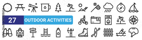 set of 27 outline web outdoor activities icons such as sun, picnic, telescope, butterfly net, photo camera, lantern, boot, helmet vector thin icons for web design, mobile app.