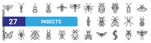 set of 27 outline web insects icons such as bug, silverfish, beetle, bedbug, wasp, scorpion, fly, locust vector thin icons for web design, mobile app.
