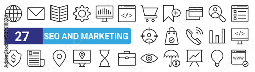 set of 27 outline web seo and marketing icons such as earth globe, communications, book, badge, bag, interface, eye, browser vector thin icons for web design, mobile app.
