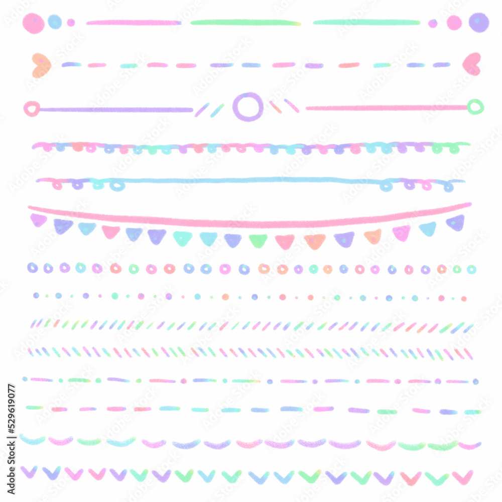 Set Rainbow line dividers, signs and symbols, Hand drawn in doodle style.