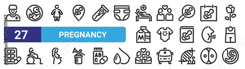 set of 27 outline web pregnancy icons such as doctor, fetus, woman, couple, baby clothes, fitness, family, embryo vector thin icons for web design, mobile app.