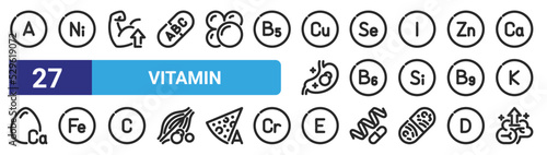 set of 27 outline web vitamin icons such as vitamin, vitamin, strong, brain vector thin icons for web design, mobile app.
