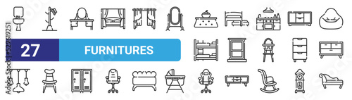 Tableau sur toile set of 27 outline web furnitures icons such as sink, coat hanger, dressing table, trundle bed, window, chair, gaming chair, chaise longue vector thin icons for web design, mobile app