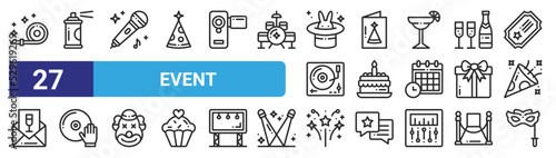 set of 27 outline web event icons such as blower, spray, microphone, party card, cake, vinyl, fireworks, eye mask vector thin icons for web design, mobile app.